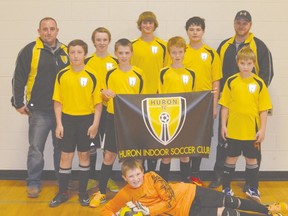 Pictured here (from left to right) are, back row, coach Rob Campbell, Reece Sparling, Nathan Haas, Tony Gerretsen, coach Matt Blysma, middle row, James Black, Neil Martin, Jake McClure, Alex Campbell, and, front row, Goalie-Connor Pullen. Missing from the photo are Liam Campbell and head coach Poncho Melo.