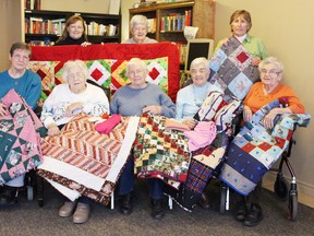 The quilting and knitting clubs at Goderich Place donated several quilts and knitted pieces to the Salvation Army in Goderich on Nov. 26. Back (left to right): The community and family services co-ordinator for the Salvation Army Shannon Daniels, Yvonne Easton and volunteer Brenda Empy. Front (left to right): Mary Lou Melick, Tena Empy, Margaret Hildebrand, Mary Bere and Helen Lee. (Absent: Club members Rita Brown, Ruth Squire and Louise Wilson, as well as volunteer Maxine Seers.) (STEPH SMITH/GODERICH SIGNAL STAR)