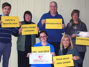 Joining together to promote Giving Tuesday are, front row from left - Ruth Crocker, St. Thomas Public Library; Laura Woermke, St. Thomas-Elgin Public Art Centre. Back row - Aidan Norton, Elgin Military
Museum; Dawn Miskelly, Elgin County Railway Museum; Larry
Longfield, North America Railway Hall of Fame; Barb Matthews, 
Big Brothers Big Sisters or St. Thomas Elgin. (Contributed photo)