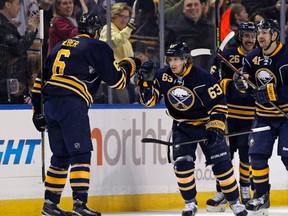 Sabres left wing Tyler Ennis (63) celebrates his goal against the Canadiens during first period NHL action in Buffalo on Friday, Nov. 28, 2014. (Kevin Hoffman/USA TODAY Sports)
