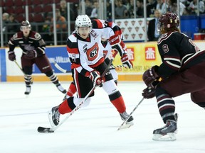 Ottawa 67's captain Travis Konecny takes a shot during the first period of Friday's game against the Peterborough Petes at TD Place. (Chris Hofley/Ottawa Sun)
