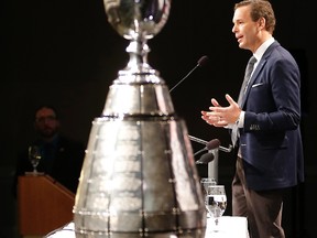 CFL Commissioner Mark Cohon speaks during the annual state of the league in Vancouver, BC, Friday November 28, 2014. (Al Charest/QMI Agency)