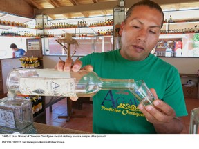 Juan Manuel of Oaxaca's Don Agave mezcal distillery pours a sample of his product. IAN HANNINGTON/HORIZON WRITERS' GROUP