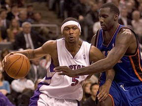 Jalen Rose of the Toronto Raptors makes his move to the basket during NBA action against the New York Knicks at the ACC. (QMI Agency file photo)
