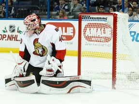 Nov 29, 2014; Tampa, FL, USA; Ottawa Senators goalie Robin Lehner (40) makes a save against the Tampa Bay Lightning during the second period at Amalie Arena. Mandatory Credit: Kim Klement-USA TODAY Sports