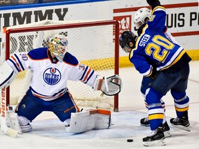 Ben Scrivens stops a shot by the Blues’ Alexander Steen during the third period at Scottrade Center in St. Louis Friday night. Vladimir Tarasenko scored on the Blues’ 41st shot with 40 seconds left in overtime for a 4-3 win. Jasen Vinlove-USA TODAY Sports