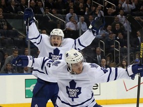Maple Leafs centre Tyler Bozak (front) is tied for the team lead with 11 goals. (Getty Images/AFP)