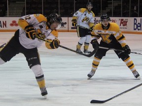 Brandon Lindberg scored on this shot to give the Sarnia Sting a 1-0 lead over the Kingston Frontenacs Sunday afternoon at RBC Centre. The first-period marker extended Lindberg's goal-scoring streak to four games. (TERRY BRIDGE/THE OBSERVER)