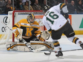 Kingston Frontenacs goaltender Lucas Peressini stops a scoring attempt by London Knights captain Max Domi during their Ontario Hockey League game Saturday night at Budweiser Gardens. The Frontenacs defeated the Knights 3-2 in a shootout. (Claus Andersen/Getty Images)