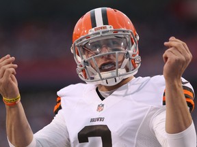 Cleveland Browns quarterback Johnny Manziel (2) celebrates after scoring a touchdown in the second half against the Buffalo Bills at Ralph Wilson Stadium on Nov 30, 2014 in Orchard Park, NY, USA. (Timothy T. Ludwig/USA TODAY Sports)