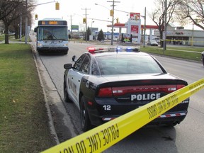 The intersection of Indian Road and Devine Street in Sarnia was closed Monday afternoon as Sarnia Police investigated a collision between a Sarnia Transit bus and a pedestrian.  (PAUL MORDEN, The Observer)