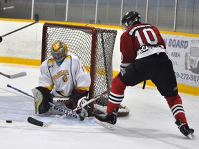 Joe McCarthy (10) of the Mitchell Hawks is thwarted by Wingham goalie Ben Nelson during second period action of their Western Jr. C game last Saturday. The Hawks lost, 6-1. ANDY BADER/MITCHELL ADVOCATE