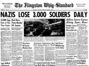 To download a readable copy of Page 1 and 19 from the Dec. 1, 1944, edition of The Kingston Whig-Standard,  click here.