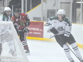 Portage Terriers forward Brad Bowles looks to come out in front during the Terriers' 5-1 win over Neepawa Sept. 24. (Kevin Hirschfield/The Graphic/QMI Agency)