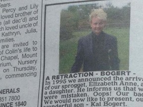 Announcement that appeared in the Brisbane Courier-Mail in 2014 that issues a retraction for a birth announcement from 1995. (Facebook)