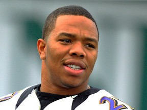 Baltimore Ravens running back Ray Rice warms up during the NFL's Super Bowl XLVII football practice in New Orleans, Louisiana in this January 30, 2013 file photo. The Ravens announced September 8, 2014 the team has terminated its contract with Rice after a video surfaced that appears to show Rice striking his then-fiance inside an eleevator at an Atlantic City, New Jersey casino in February. REUTERS/Sean Gardner/Files