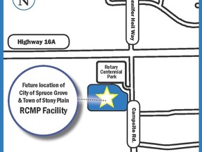 Spruce Grove and Stony Plain councils voted unanimously on Nov. 24 to co-locate the new Integrated RCMP facility on a five-acre parcel of land in Spruce Grove. The site location is off of Campsite Road, south of Highway 16A. - Image Courtesy the City of Spruce Grove