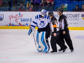 Chicoutimi Sagueneens goalie Storm Phnaeuf is ejected from the game after kicking a Drummondville Voltigeurs player on November 30, 2014. (MARIE-ÈVE PHANEUF/QMI AGENCY)