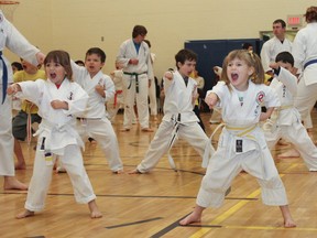 More than 100 young martial arts students put their skills to the test helping to raise $3,127 at the 19th annual Kids Helping Kids Have a Christmas and 500 Technique Challenge held at Cataraqui Woods Elementary School in Kingston on Saturday. The fundraiser supports the Salvation Army's Christmas Hamper campaign. (Julia McKay/The Whig-Standard)