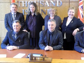 The Township of Leeds and the Thousand Islands council. In the back row, from left, are John Paul Jackson, Gerry Last, Vicki Leakey and Liz Huff, and in the front row, from left, are Jeff Lackie, Mayor Joe Baptista and Harold Emmons.  (Wayne Lowrie/QMI Agency)