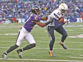 San Diego Chargers’ Keenan Allen scores a fourth-quarter touchdown against the Baltimore Ravens’ Danny Gorrer on Sunday. (USA TODAY SPORTS)
