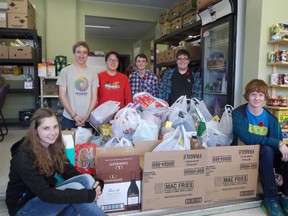 The canned goods that is. Local high school students delivered over 250 kg of “much appreciated food” to the food bank as part of the “We Scare Hunger” program. Pictured (in no particular order): Jaiden Panchyshyn, Caelan Taylor Chris Dupuis, Yun-ha Jung, Paul Johnson, Pete Manners. Missing: Alexis Breckinridge, Samantha Myles, Joey Duffield, Hayley Davis, Cayleigh Duffield. Gerry Smith, on behalf of the food bank, expressed sincere thanks for the donation. Photo submitted by Gerry Smith.