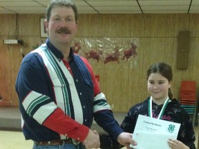 Wallaceburg's Lauren Gough was the winner of the top Chatham-Kent 4H press reporter (non-competitive). Gough was presented her award at the Chatham-Kent 4H Dairy Club banquet held in Highgate on Nov. 28 by group leader Rob Reid.