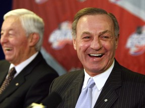 Former Canadiens great Guy Lafleur (right) laughs along side Jean Beliveau during the NHL All-Star weekend at Montreal's Bell Centre in 2009. (Andre Forget/QMI Agency/Files)