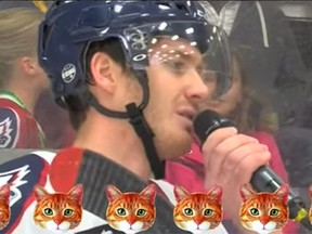 ECHL player Ray Kaunisto fits in seven "meows" during a recent on-ice interview. (YouTube screen grab)