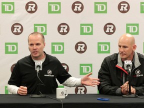 Head coach Rick Campbell and new offensive co-ordinator Jason Maas. (Tony Caldwell/Ottawa Sun)