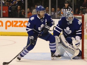 Defenceman Stephane Robidas (left) and goaltender Jonathan Bernier, two Maple Leafs who were born in the province of Quebec, have fond memories of the late Jean Beliveau. (JACK BOLAND/Toronto Sun files)