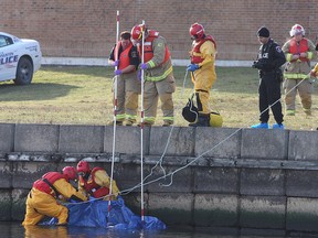 Kingston Fire and Rescue assist Kingston Police on Thursday in retrieving the body of an adult male out of Lake Ontario at Breakwater Park near the King Street water purification plant. (Ian MacAlpine/The Whig-Standard)
