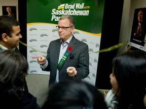 Saskatchewan Premier Brad Wall was in Lloydminster Monday night to help open the new campaign office for Saskatchewan Party candidate Colleen Young. The premier went door-knocking with young, and later gave a short speech at the opening praising her leadership abilities.    Monday November 3, 2014. James Wood/Lloydminster Meridian Booster/QMI Agency