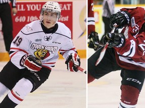 Owen Sound's Kyle Platzer and Guelph's Pius Suter have both been important pieces to their team's success thus far this season. (QMI Agency)