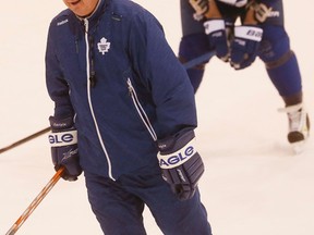Maple Leafs head coach Randy Carlyle leads a practice on Nov. 25, 2014. (STAN BEHAL/Toronto Sun)