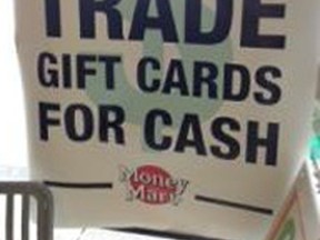 A sign advertising Money Mart's gift cards for cash offer. (Supplied photo)
