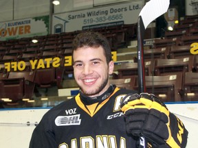 Sarnia Sting defenceman Anthony DeAngelo is in his fourth and final season with the OHL team. The 19-year-old from Philadelphia said when it's over he'll always look back on playing in Sarnia as some of the best times of his life. (TERRY BRIDGE/THE OBSERVER)