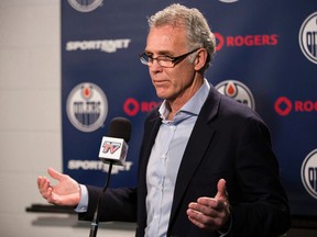 Edmonton Oilers general manager Craig MacTavish speaks to media in a press conference at Rexall Place in Edmonton, Alta., on Friday, Dec. 5, 2014. MacTavish addressed the performance of the team over the past 26 games, including an 11 game losing streak. Ian Kucerak/Edmonton Sun/ QMI Agency