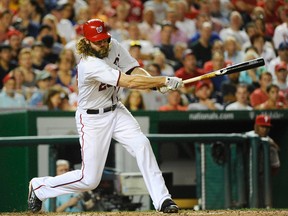 Washington Nationals right fielder Jayson Werth (28) hits a two run RBI double against the Philadelphia Phillies during the seventh inning at Nationals Park on Sep 5, 2014 in Washington, DC, USA. (Brad Mills/USA TODAY Sports)
