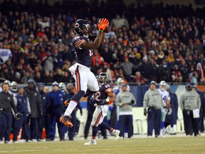 Chicago Bears wide receiver Brandon Marshall (15) catches a pass during the second quarter against the Dallas Cowboys at Soldier Field on Dec 4, 2014 in Chicago, IL, USA. (Dennis Wierzbicki/USA TODAY Sports)
