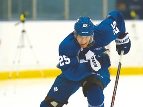 Leafs centre Mike Santorelli hasn't been missing linemate Leo Komarov yet, with a five-game points streak heading into tonight's game against his former club the Canucks. 
Dave Abel/Toronto Sun