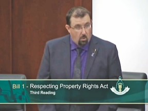 Little Bow MLA Ian Donovan addresses the Alberta Legislative Assembly Nov. 26 regarding Bill 1, respecting property rights act. --Still from a video uploaded to YouTube