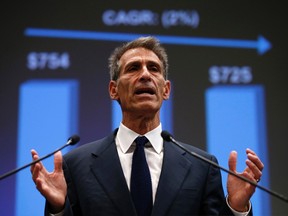 Michael Lynton, CEO Sony Entertainment and CEO and chairman Sony Pictures Entertainment, speaks during an investors' conference at the company's headquarters in Tokyo November 18, 2014. (REUTERS/Toru Hanai)