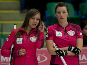 Rachel Homan and Emma Miskiw discuss strategy Friday at the Canada Cup in Camrose. (Michael Burns, CCA)