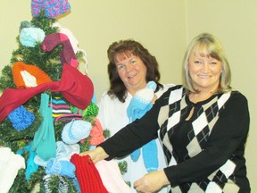 Sue Platt of the Salvation Army, left, and Barbara Park, building manager at 1285 Sandy Lane in Sarnia, admire the work of some of the building's residents to decorate a mitten tree.  NEIL BOWEN/ THE OBSERVER/ QMI AGENCY