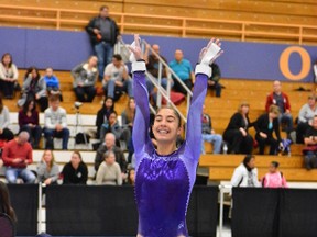 Sudbury's Kayla Folz shows a perfect landing at the Women’s Artistic Gymnastics Tour Selection meet in Etobicoke in November, where she earned a spot on Team Ontario for the Lady Luck Invitational gymnastics meet in Las Vegas in January.
