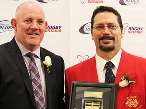 Rugby Ontario president David Nelson with 2014 RO Hall of Fame inductee and Belleville native, Karl Svoboda. (Rugby Ontario photo)