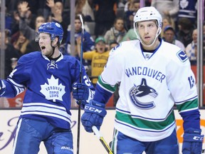 After having a goal taken away from him in the first intermission, and given to Jake Gardiner, by a video review on Saturday against the Canucks, Maple Leafs centre Peter Holland did get his career-high sixth goal in the second period. (USA TODAY SPORTS/PHOTO)