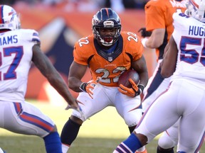 Denver Broncos running back C.J. Anderson (22) carries the football in the second quarter against the Buffalo Bills at Sports Authority Field at Mile High on Dec 7, 2014 in Denver, CO, USA. (Ron Chenoy/USA TODAY Sports)