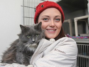 Hayley Cuthbertson, who is looking to add a cat to her household, has a snuggle with Michele, one of the many cats available for adoption during the cat adoption event, which is running until Jan. 3 at the Kingston Humane Society. (Julia McKay/The Whig-Standard)